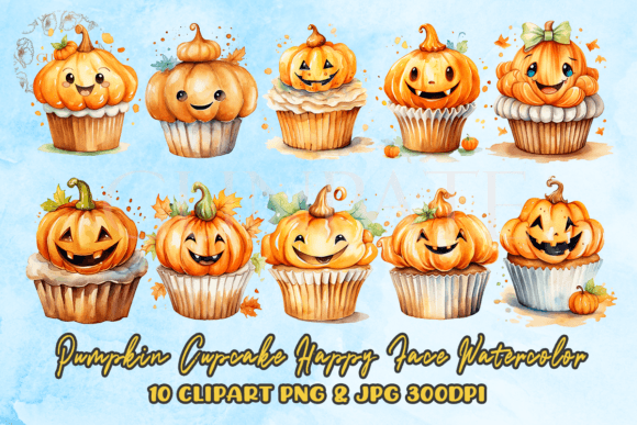 Charming Pumpkin Cupcake Happy Face Watercolor Clipart